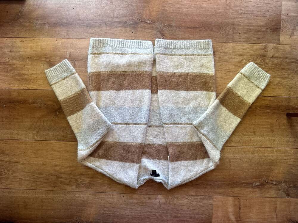 Halogen Striped Open Front Alpaca Blend Cardigan Sweater w/ Metallic Gold Detail
